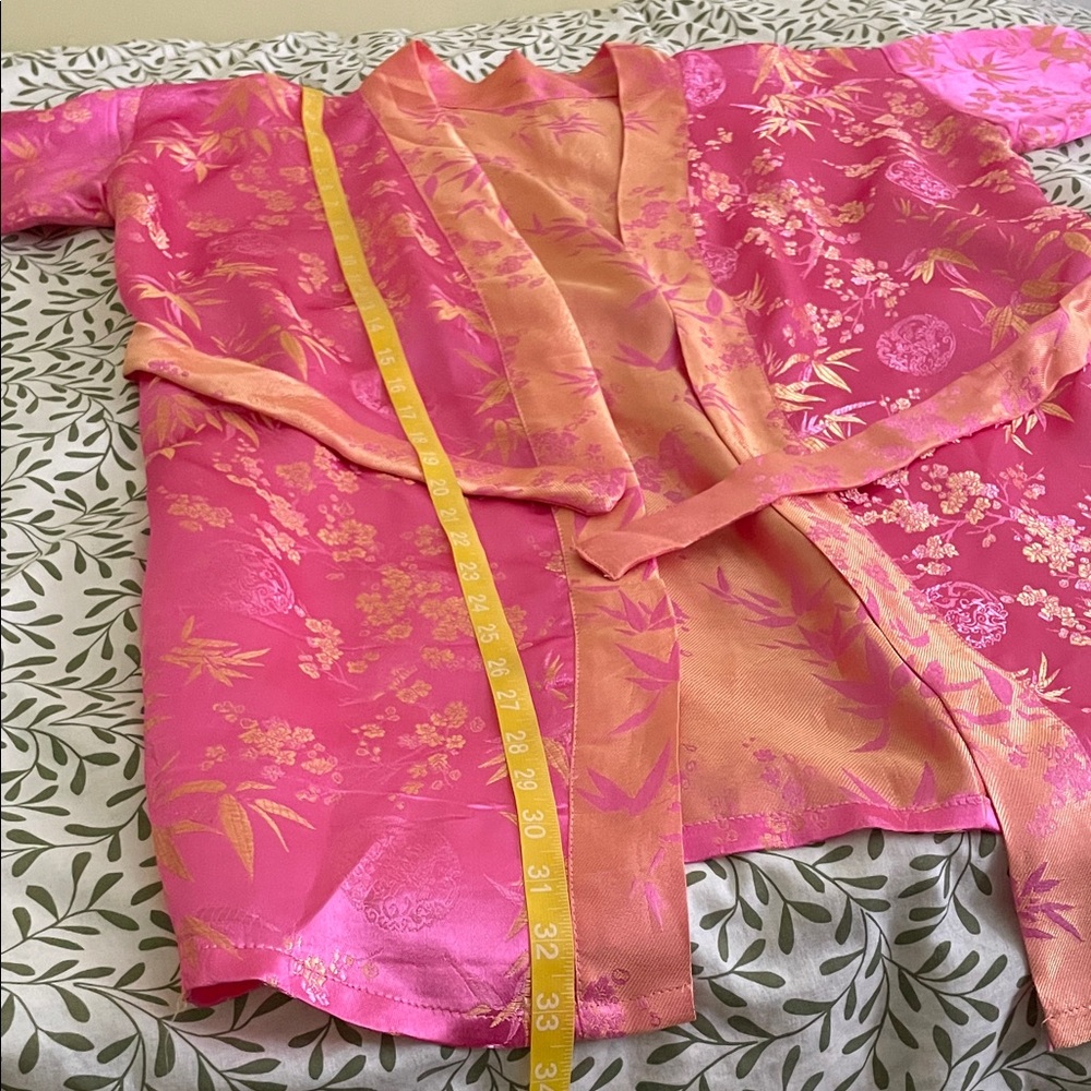 Pink Satin Kimono Robe Traditional with Gold Bamboo & Floral Print - Picture 11 of 11
